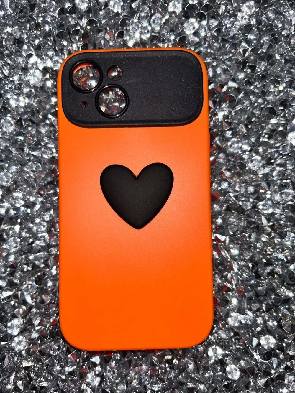 iPhone 15 Orange Heart Silicone Phone Case with Black Camera Cover